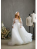 Long Sleeves Ivory Sequined Lace Tulle Flower Girl Dress With Ruffled Hem